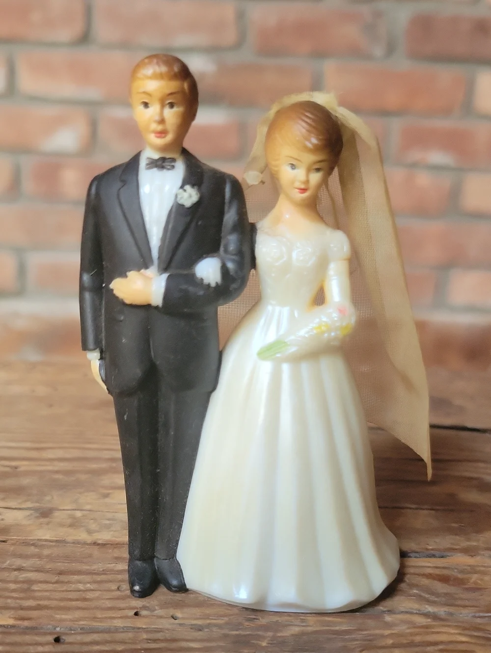 Vintage 1950's Bride and Groom Wedding Cake Topper - Ivory Dress, Black Tux